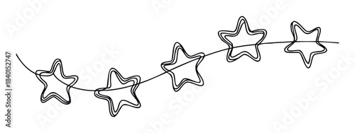 A continuous black line forms a wavy garland with five outlined stars, ideal for festive greetings and decorative applications.