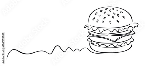 Simple line drawing of a double cheeseburger with wavy lines flowing away, perfect for food branding and menu graphics.