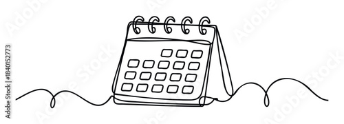 Minimalist black line drawing of a desk calendar with a wire binding and wavy lines below suggesting a surface, perfect for graphic design projects and representing time management or