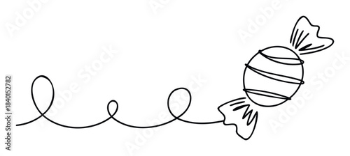 Single continuous line drawing of a wrapped candy with a swirling tail, perfect for celebratory themes and sweet treat promotions.