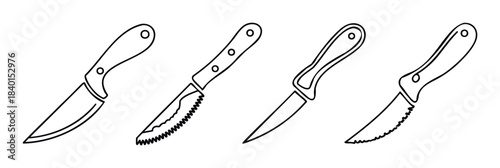 Collection of kitchen knives with various blade edges and handle designs for culinary preparation and food service applications