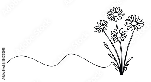 Line drawing of a bunch of daisies with stems and leaves, suggesting growth and nature, perfect for spring and floral themed projects.