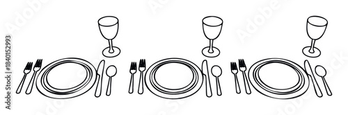 Table setting arrangement with plates, cutlery, and glasses for formal dining and event planning concepts.