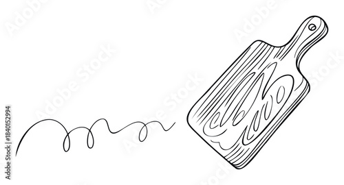 Simple line drawing of a wooden cutting board with a handle and a swirling line, perfect for culinary or craft projects.