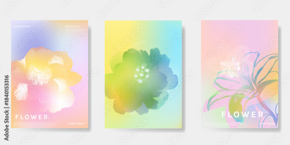 Obraz premium Abstract colorful gradient fruit card background set. Minimalist poster with lemon. Modern summer and spring wallpaper design for drink menu, promotion, beverages, ads.