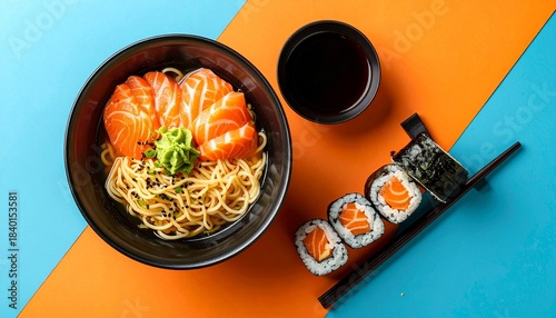 Colorful Japanese ramen and sushi bowl assortment on vibrant pastel background
