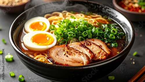 Delicious hot ramen bowl with soft boiled eggs, pork slices and green onions
