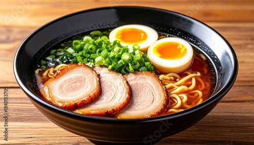 Delicious hot ramen bowl with soft boiled eggs, pork slices and green onions
