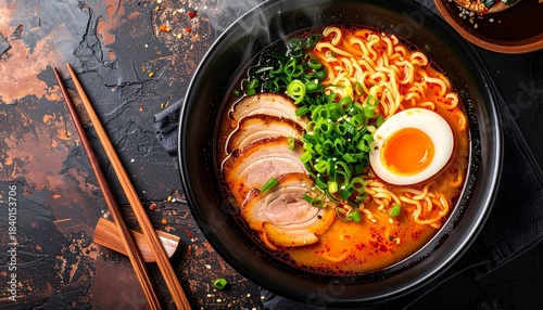 Delicious hot ramen bowl with soft boiled eggs, pork slices and green onions
