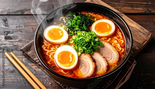 Delicious hot ramen bowl with soft boiled eggs, pork slices and green onions
