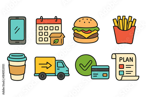 Food and delivery flat icon set. Digital order and meal planning icons collection