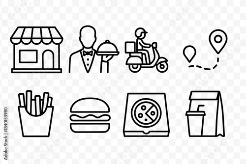 Food and delivery outline icon set. Restaurant, fast food, service outline collection