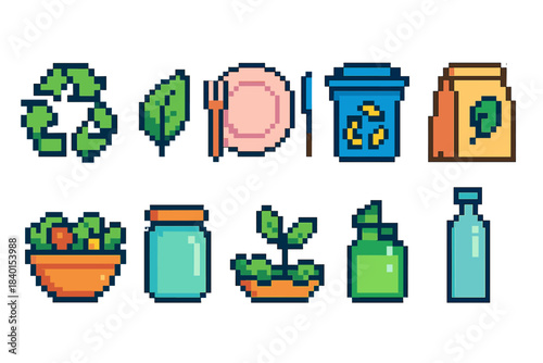 Environmental, eco-friendly pixel icon set. Sustainability, nature pixelated icons