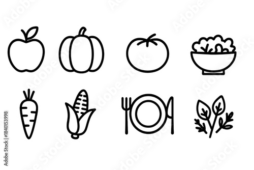 Vegetable and fruit icon set. Food outline collection for recipe and cooking