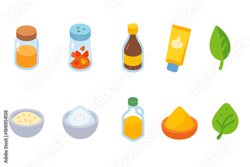Food ingredients flat icon set. Culinary, spice and seasoning icons collection