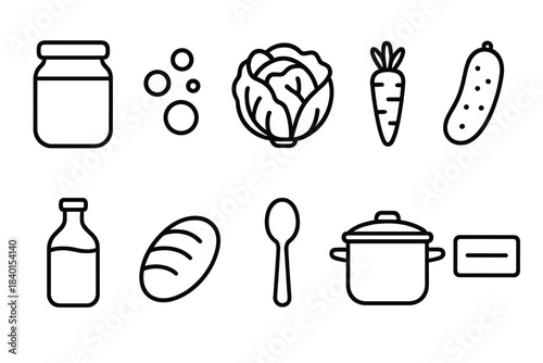 Food and kitchen outline icon set. Vegetables, cooking essentials, kitchenware icons