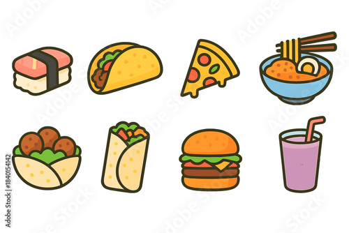 Food and drink icon set. Flat style collection of popular cuisine and beverages
