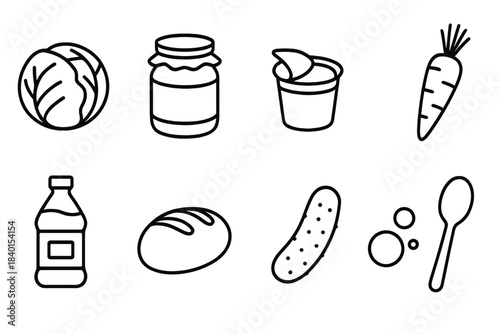 Food and drinks outline icon set. Vegetables, drinks, snacks line icon collection