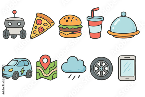 Food, travel flat icon set. Robot, pizza, burger, car, map, cloud, phone