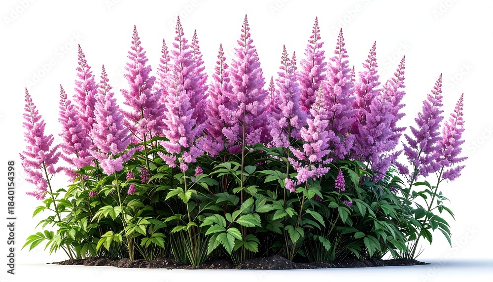 Naklejka premium Pink astilbe flowers with lush green foliage on a neutral ground, showing beauty and texture