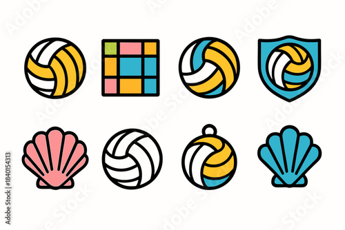 Volleyball and beach outline icon set for summer sports enthusiasts