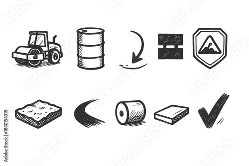 Construction and roadwork sketch icon set. Hand-drawn, construction silhouette icons.