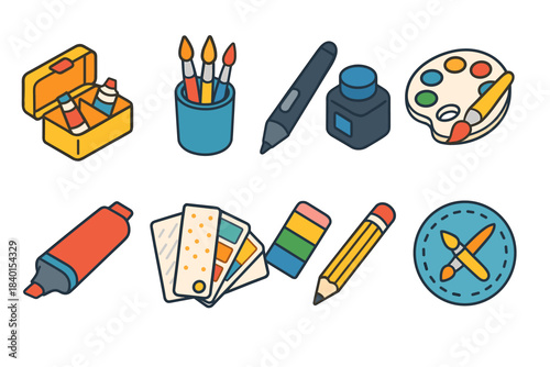 Art and craft tools flat icon set. Painting, sketching, and drawing icons collection.