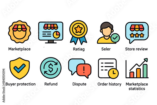 E-commerce flat icon set. Marketplace, shopping, online store flat icons collection