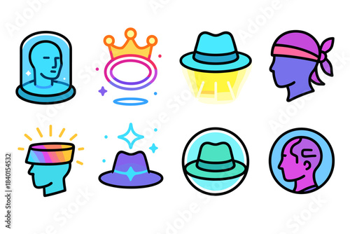 Hats and fashion flat icon set. Colorful headwear and accessory flat icons collection.