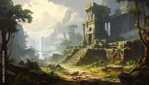Lush landscape with ancient, weathered stone ruins, bathed in soft, diffused light and enveloped in mist