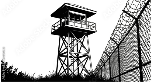 Black and white vector illustration of a security watchtower with barbed wire fence and observation cabin for prison or military concept