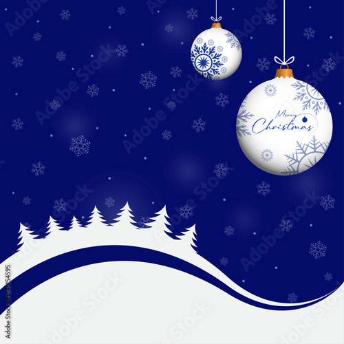 Blue chrismas card design with winter landscape, pine forest, 3d baubles vector. Winter holidays concept card design to use for merry christmas greetings, winter advertising, happy new year card.