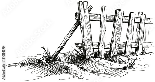 Old weather beaten wooden fence sketch showing broken planks and leaning posts in a rustic black and white vector illustration
