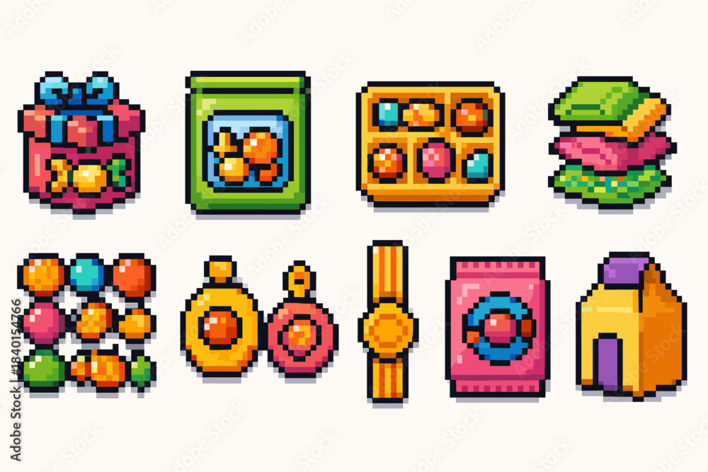 Fototapeta premium Candy, snack pixel icon set. Sweet, treats, snack icons, retro style collection