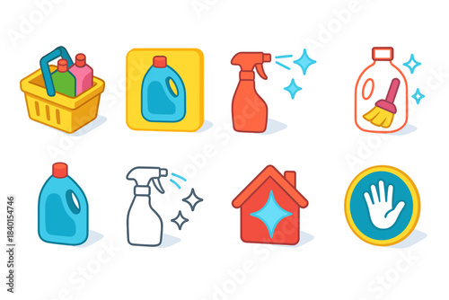 Cleaning and hygiene flat icon set with detergent and spray bottle illustrations