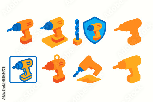 Power tools icon set. Drill and screwdriver icons in 3d style for construction projects