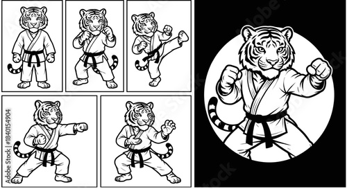 Set of cute tiger mascot characters in martial arts uniform practicing karate poses, black and white line art vector illustration