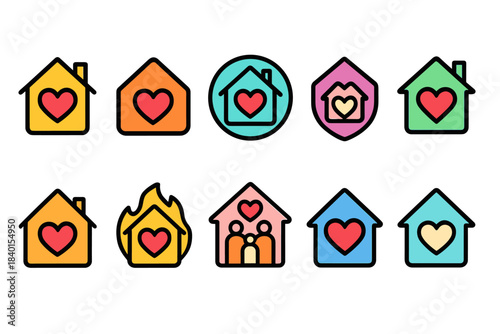 Home and family outline icon set. Heart, love, protection icons outline collection