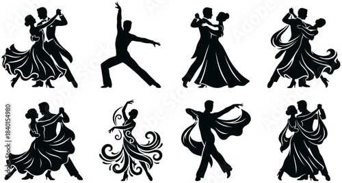Ballroom dance couples and solo dancers silhouette vector collection, elegant black illustrations set for wedding invitation and performance design. (19 words)