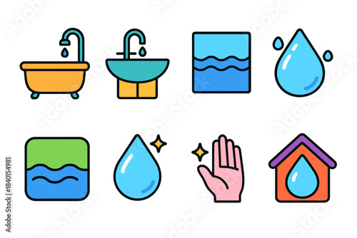 Water conservation flat icon set. Eco-friendly, sustainability, save water icons collection