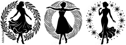 Elegant female silhouettes posing in decorative circular frames, fashion logo set featuring nature, waves, and celestial star designs, vector illustration.