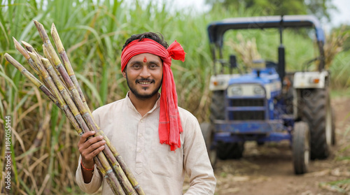 Smiling Indian farmer proudly holds fresh sugarcane in his field.