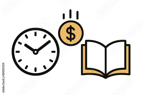 Clock, dollar coin, and open book representing time, knowledge, and financial success