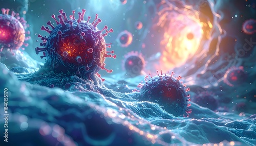 Microscopic view of virus particles on a textured surface with bright light emanating from an opening