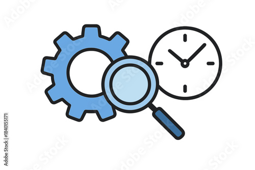 Process optimization and time management concept with gear, magnifying glass, and clock