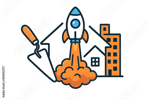 Rocket launch symbolizing startup growth and success near real estate development and construction tools