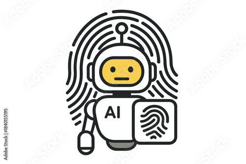 Robot character holding biometric identification symbol on fingerprint background