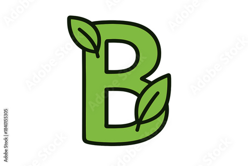 Green capital letter B with fresh organic leaves for nature and ecology design