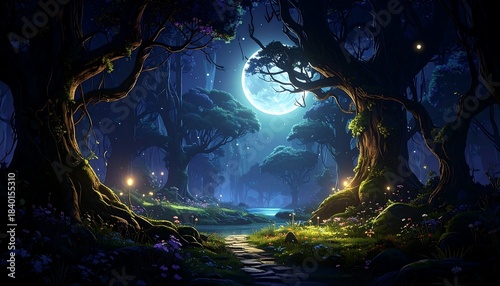 Moonlit forest with glowing flora, a meandering path, and an ethereal, magical atmosphere