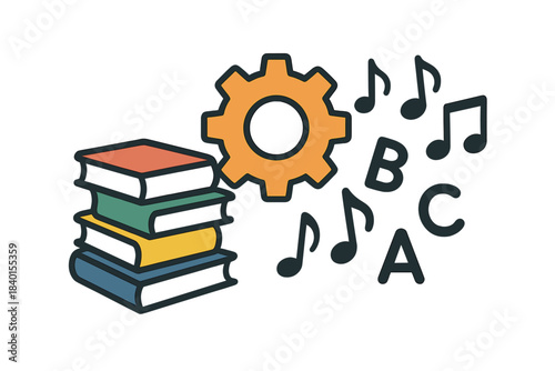 Stack of colorful textbooks, orange gear, musical notes, and ABC letters symbolizing education
